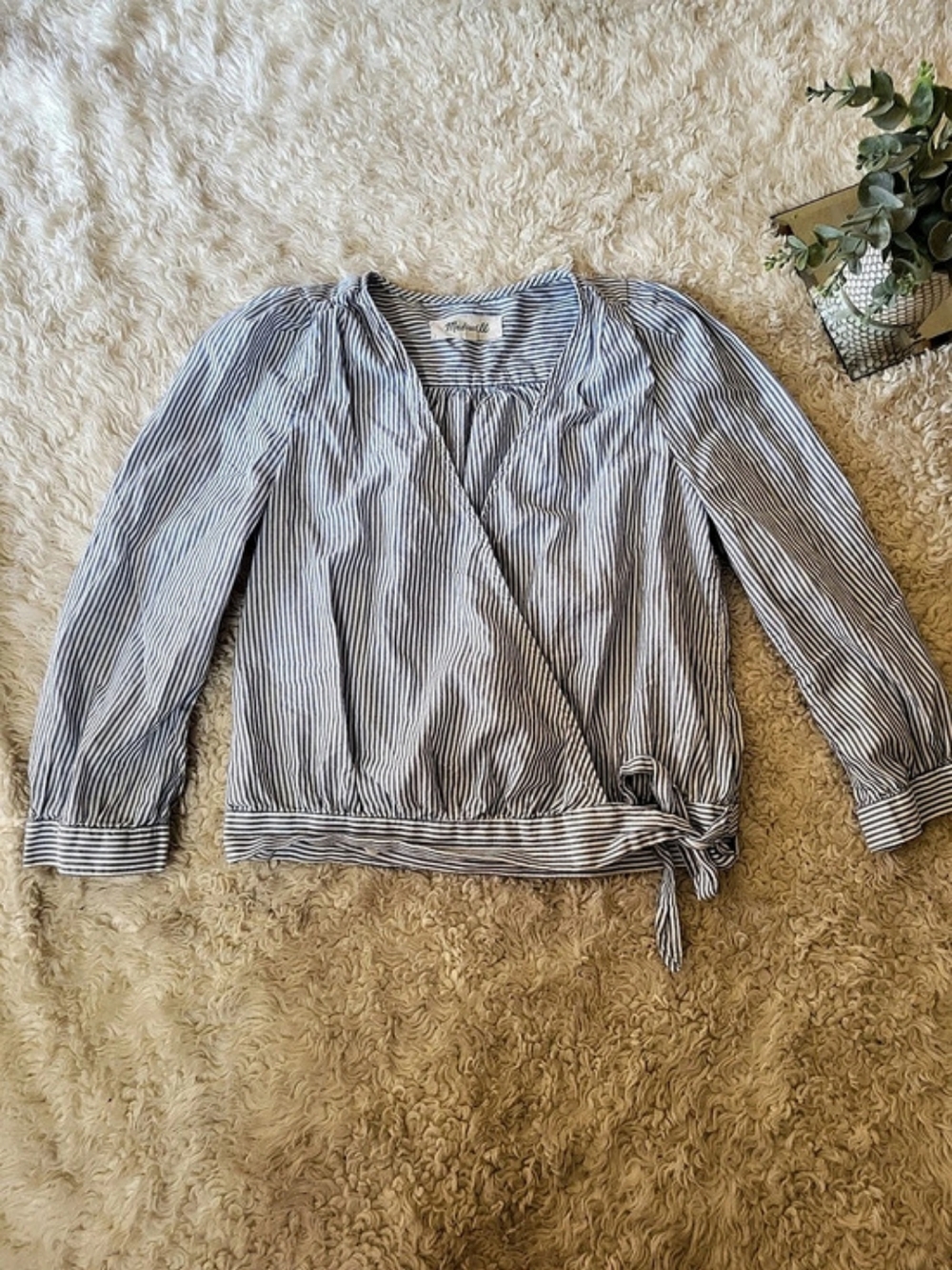 Madewell Wrap Top in Indigo Stripe Cotton Blouse XXS